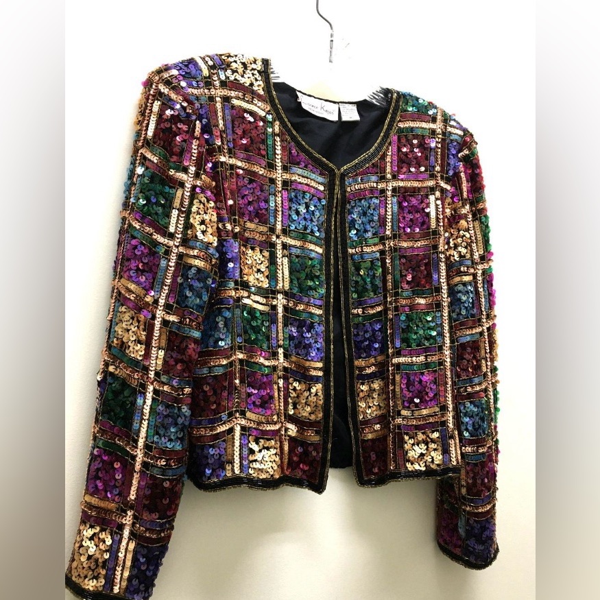 Vtg Laurence Kazar Silk Beaded Sequined Checkered Jacket Gold Multicolor Size M